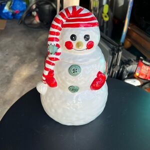 Festive Snowman Cookie Jar - Red and White